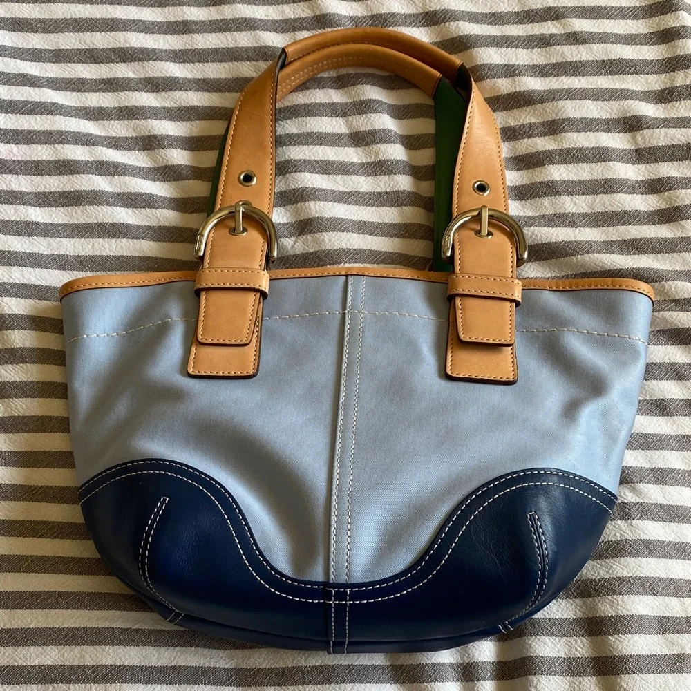 Coach Light Blue and Navy Leather Shoulder Tote with Tan Handles